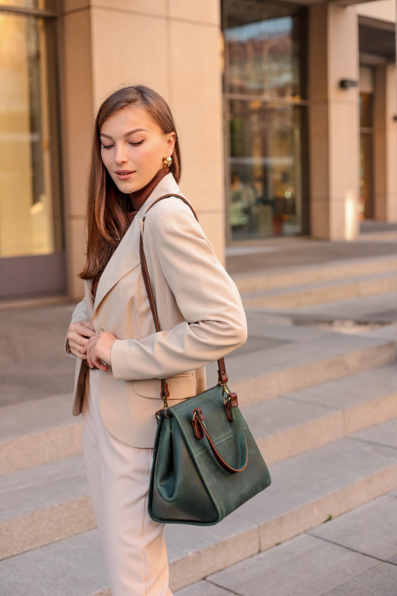 Women large Green leather handbag "Adele"