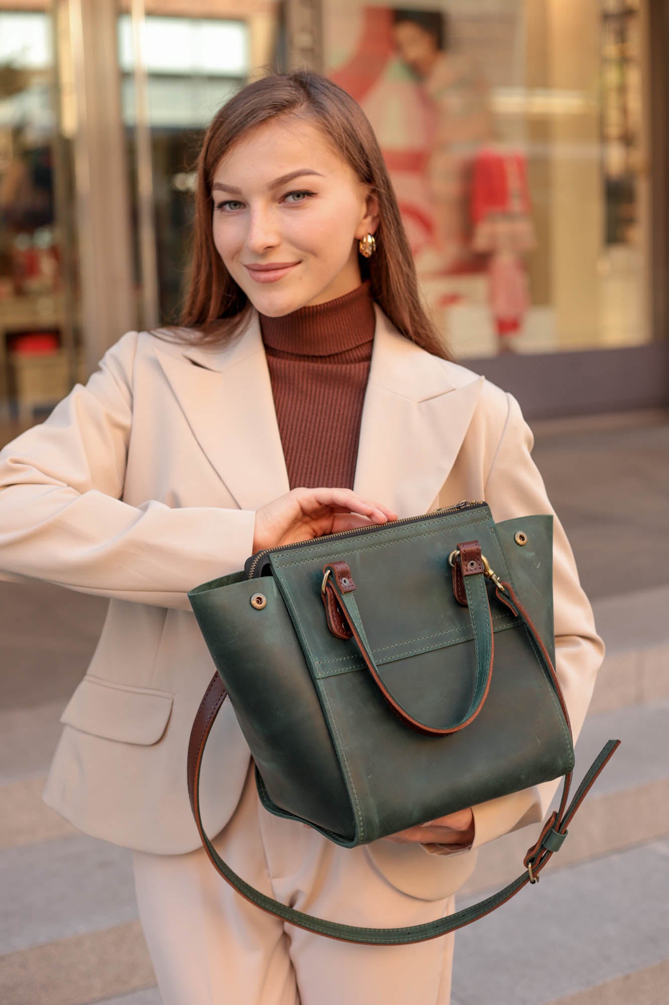 Women large Green leather handbag "Adele"