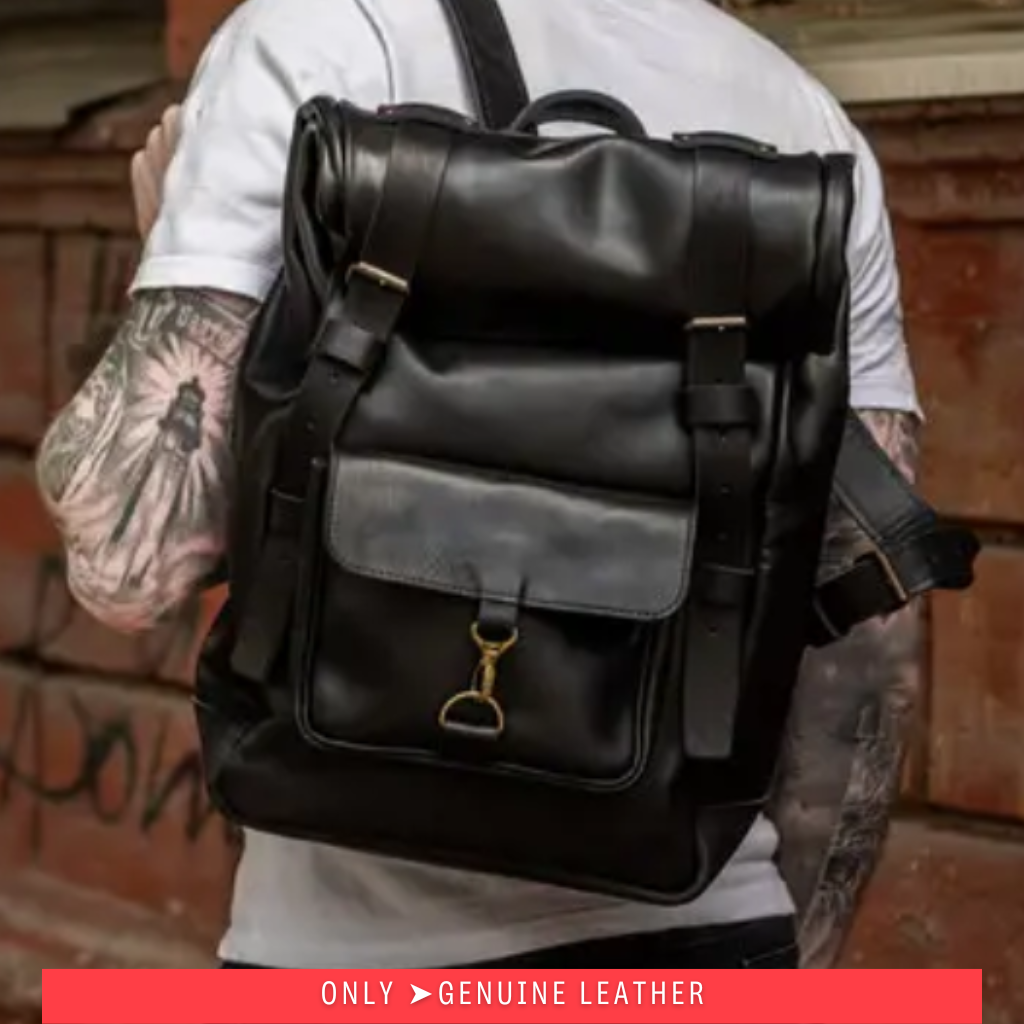 Men Backpack leather Black + Black "Hankle H42"