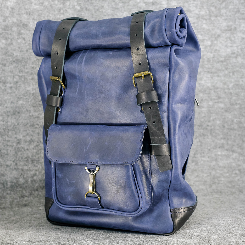 Men Backpack leather Blue + Black "Hankle H42"