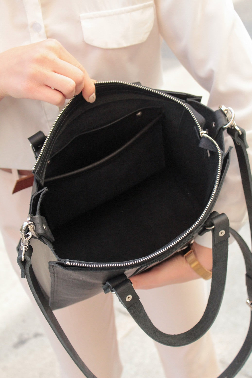 Black women's leather shopper bag