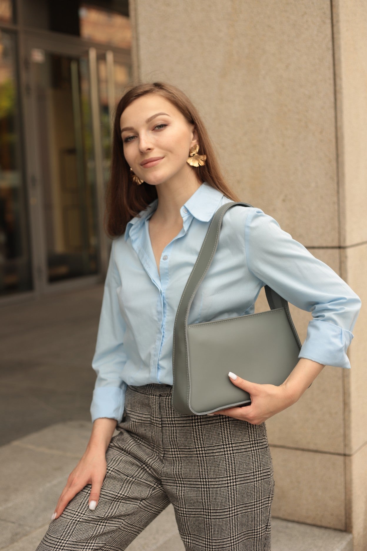 Grey Leather Baguette Bag for Woman Grey Leather Crossbody 