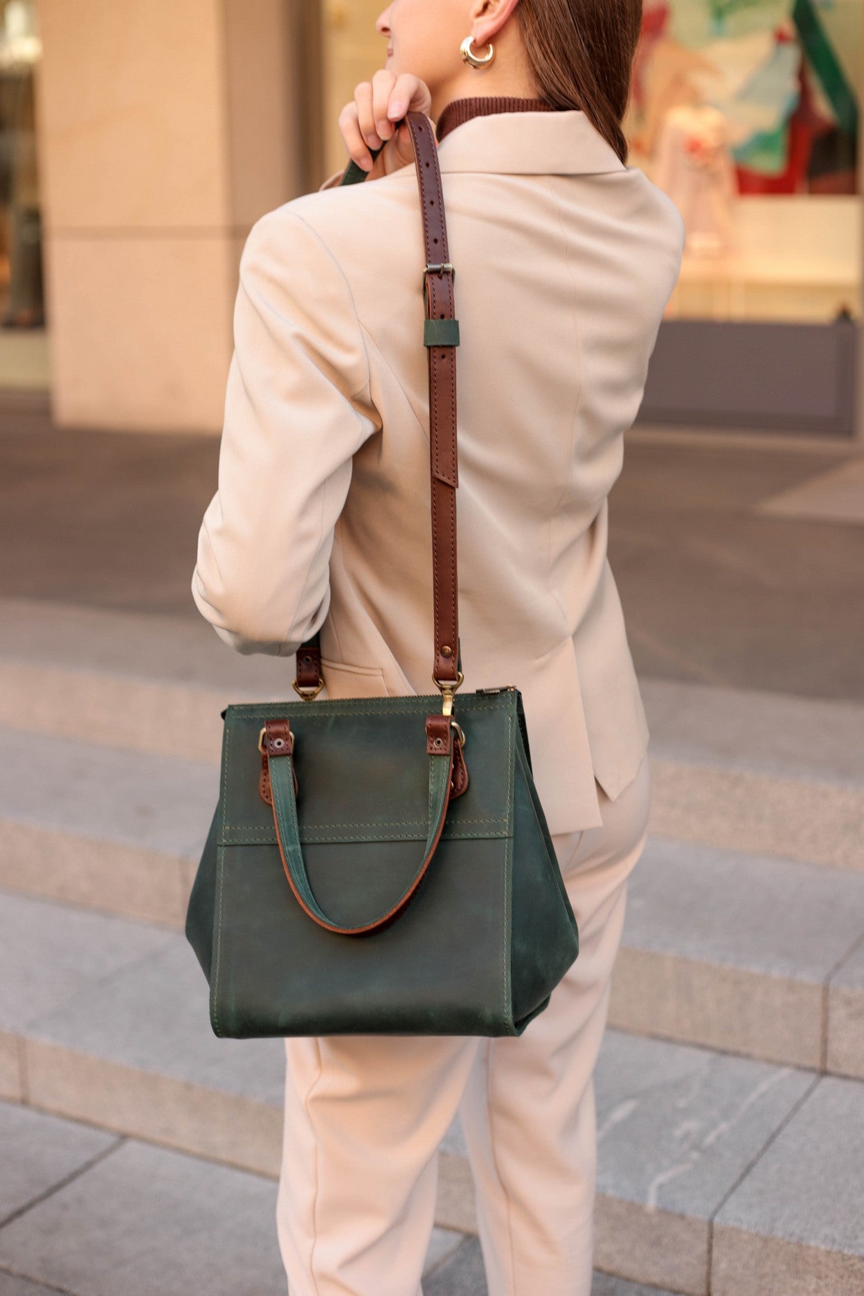 Women large Green leather handbag "Adele"