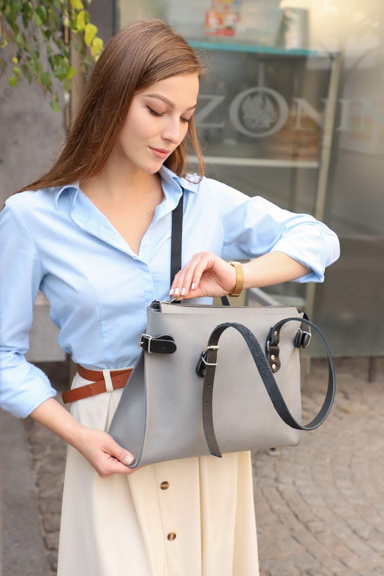 Women leather bag gray