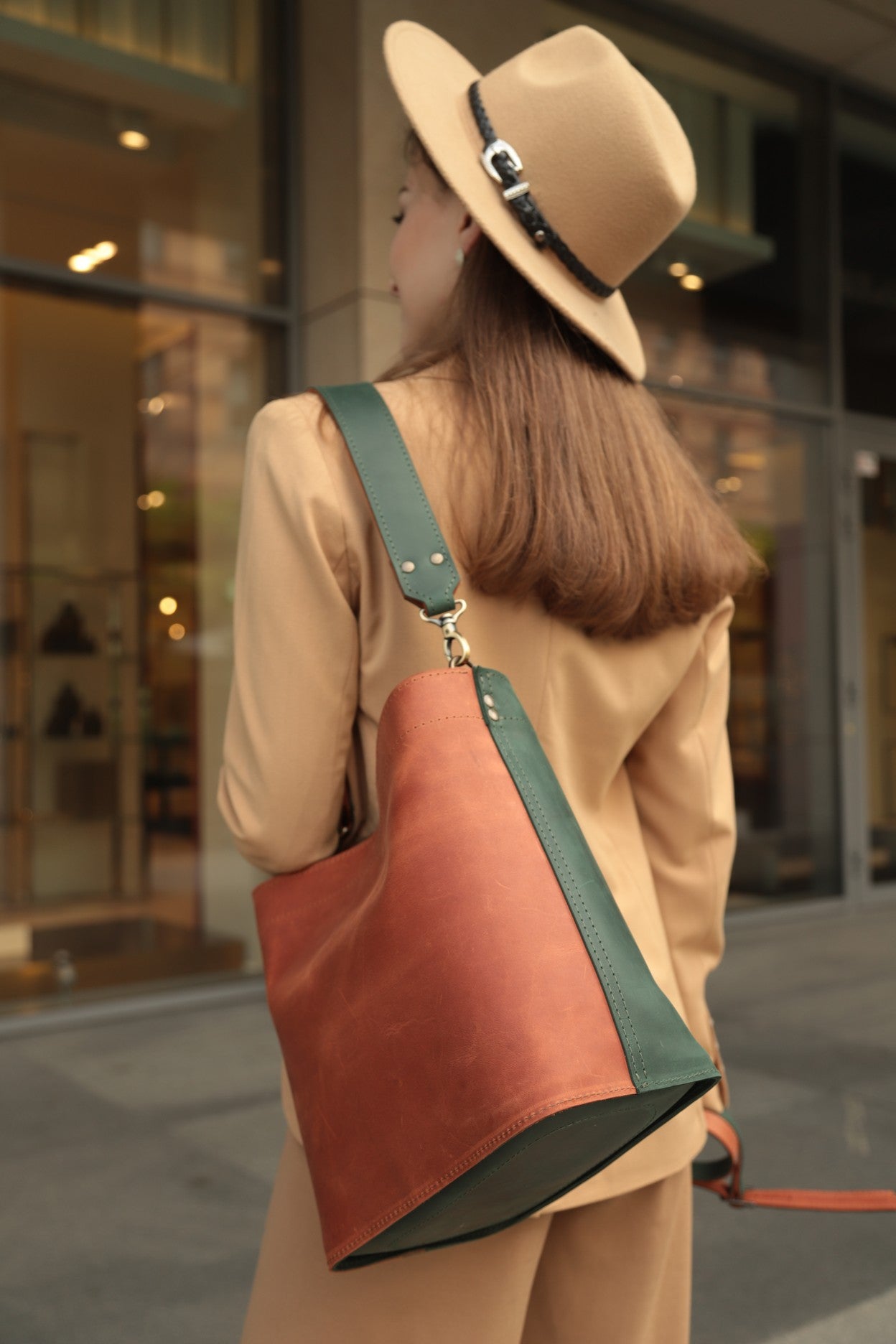 women's leather bag green with brown