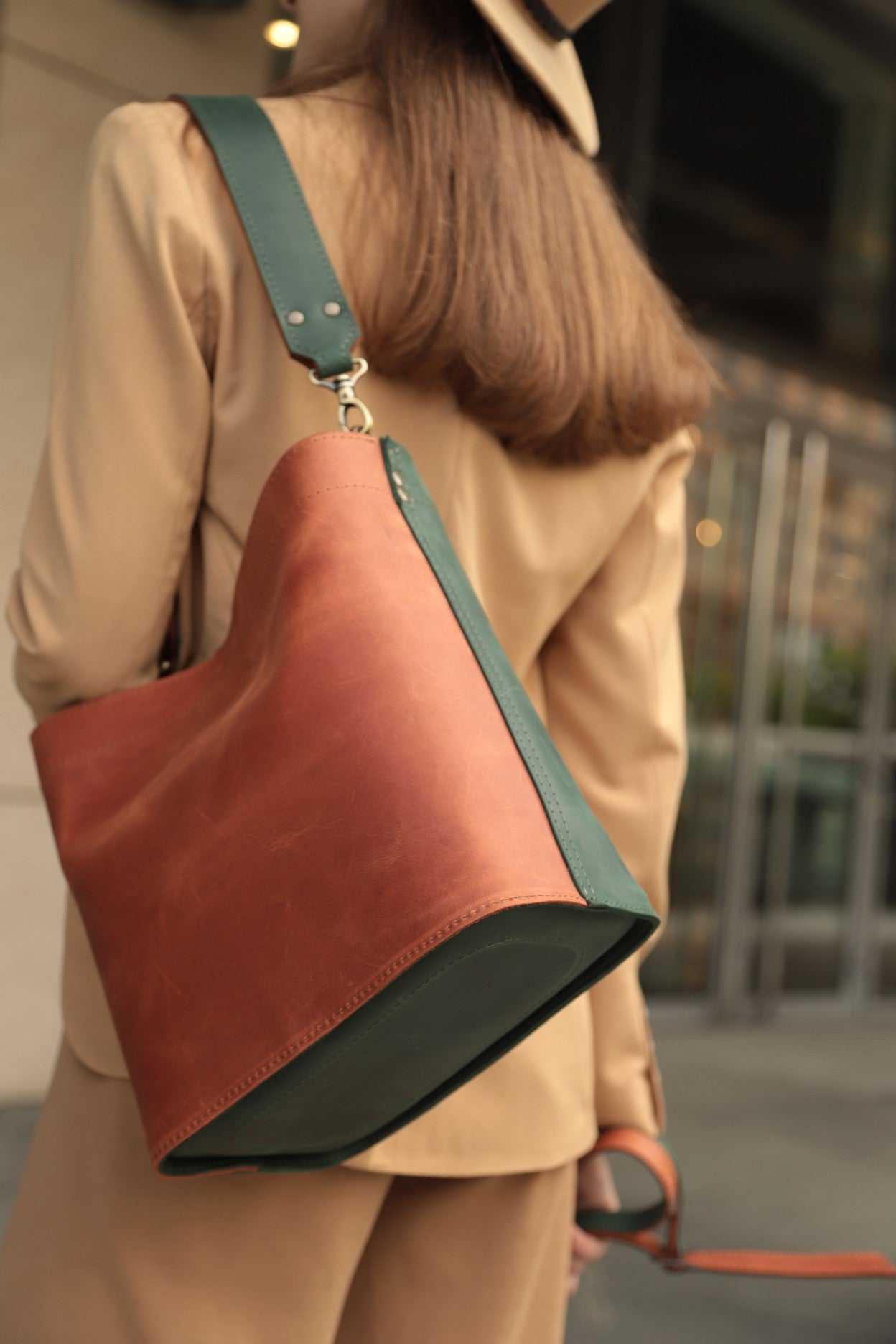 women leather bag green with brown